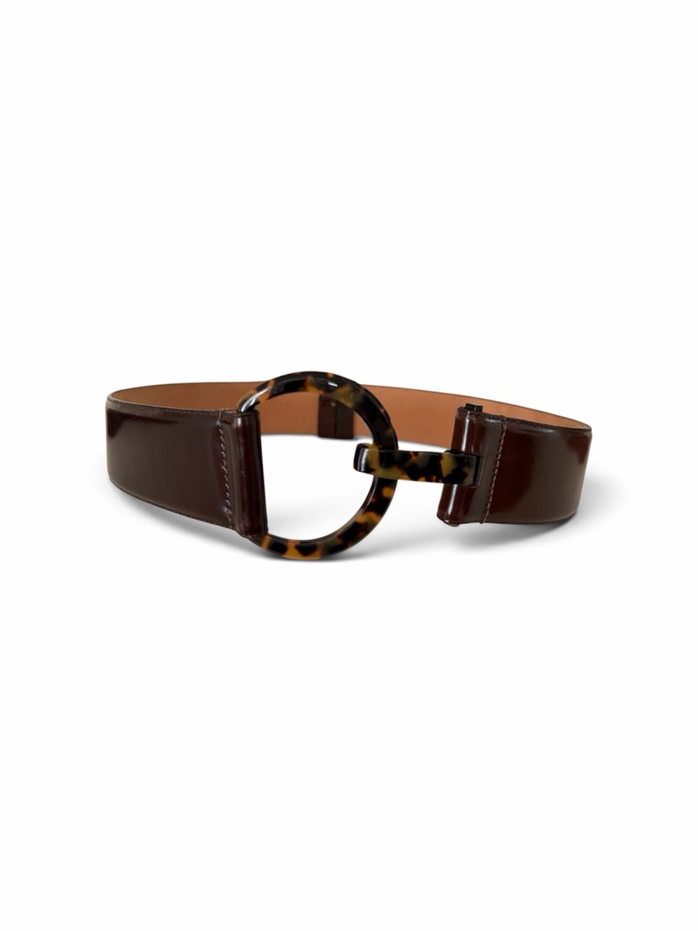 Henri Bendel Brown Italian Calfskin Leather Belt Tortoise Buckle 2” Wide